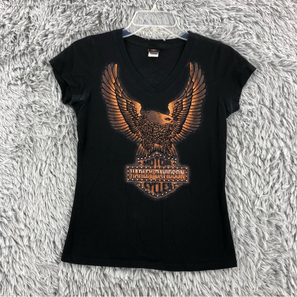 Harley Davidson Tshirt Womens Small Vneck Embellished Eagle Spellout Shirt